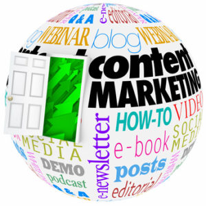 Grand Rapids Content Marketing words on a globe with open door to arrows rising up to illustrate online or website information reaching an audience